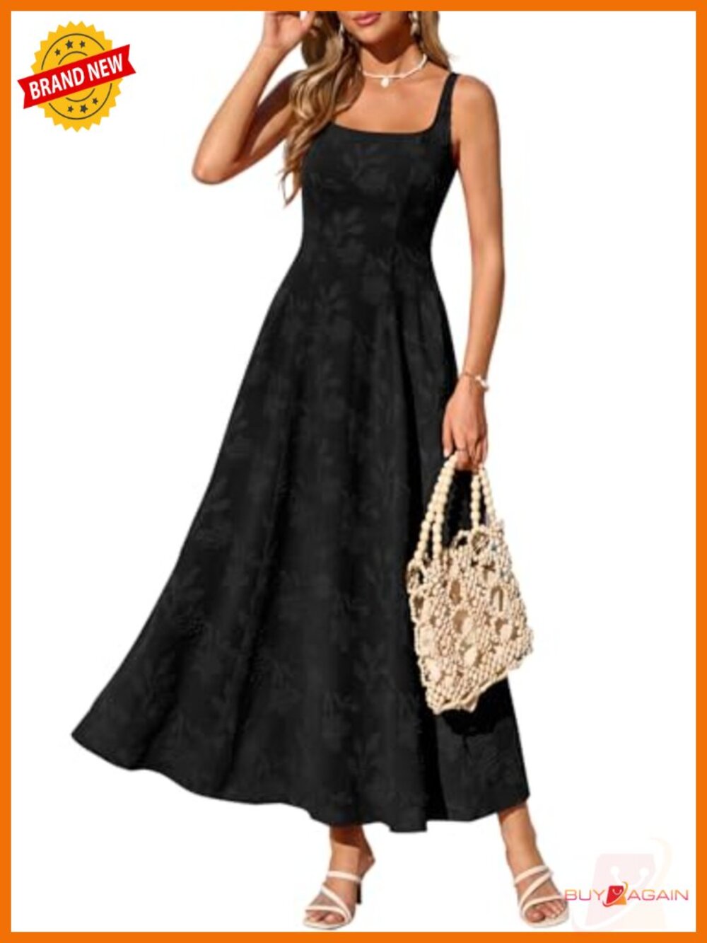 Womens Sleeveless Square Neck Jacquard Maxi Dress Wedding Guest Beach
